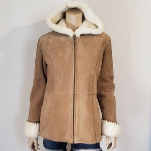 Wilsons Leather Tan Suede Hooded Coat with Cream Fur Trim